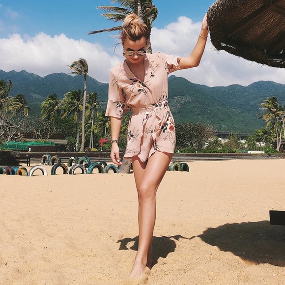 Flirty Floral Romper in Mocha - Belted - Floral California Romper - Picture 6 of 14